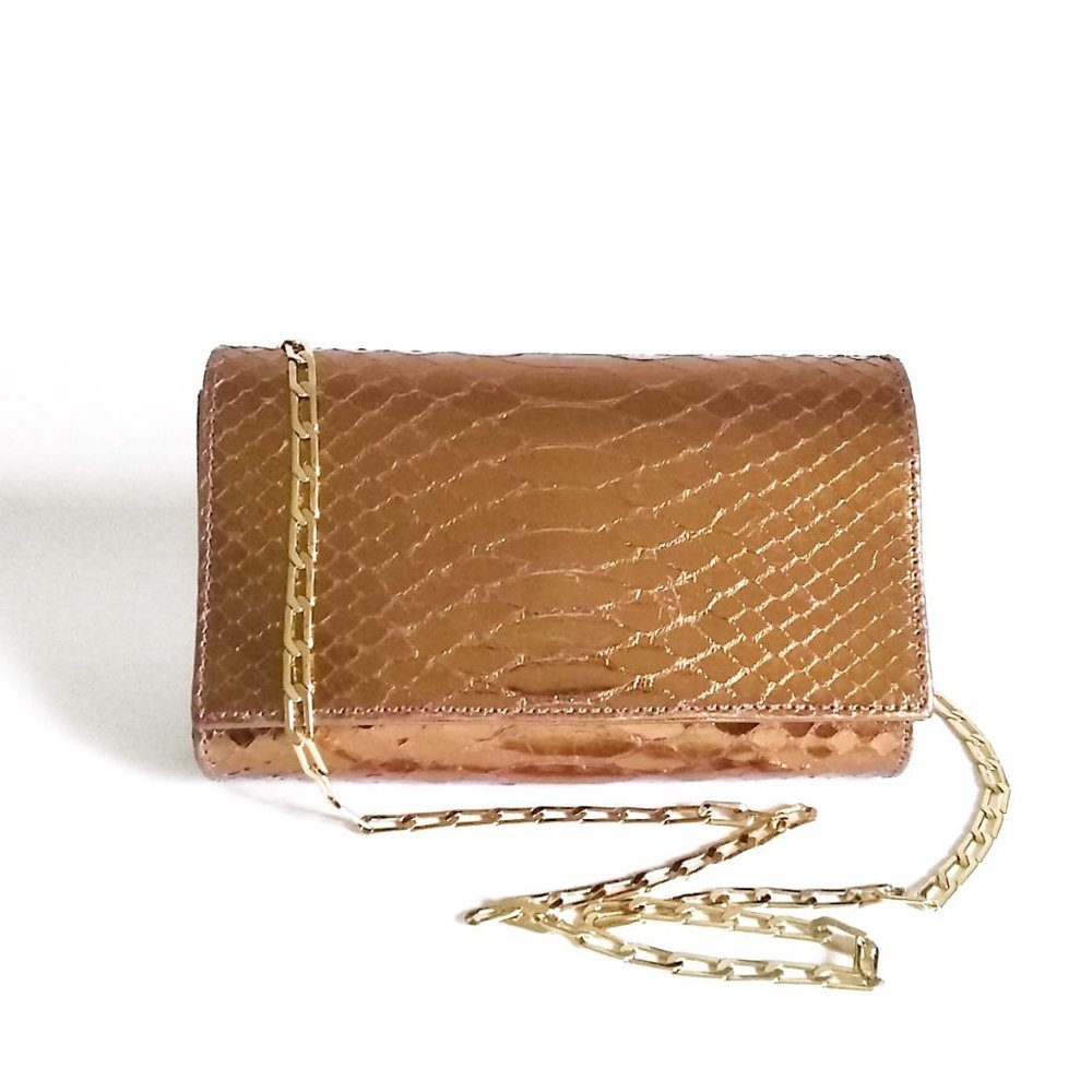 Snakeskin Python Leather Clutch Purse Metallic Bronze Carlos Falchi NWOT